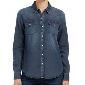 Rails Denim Jean Shirt West Dark Vintage/Lapis Coast White Pearl Snaps M